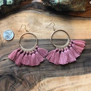 Mauve Pink Tassel Hoop Chandelier Earrings